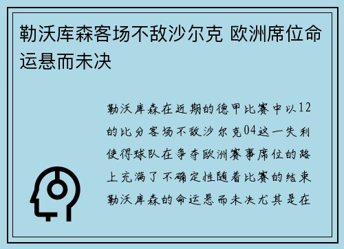 勒沃库森客场不敌沙尔克 欧洲席位命运悬而未决