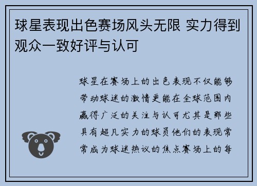球星表现出色赛场风头无限 实力得到观众一致好评与认可