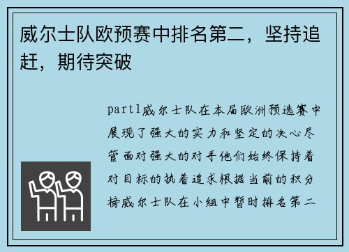 威尔士队欧预赛中排名第二，坚持追赶，期待突破