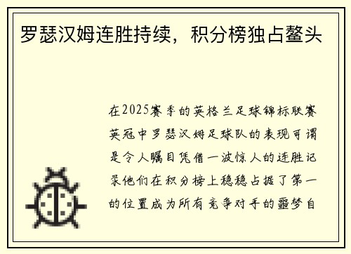 罗瑟汉姆连胜持续，积分榜独占鳌头