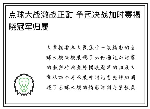 点球大战激战正酣 争冠决战加时赛揭晓冠军归属