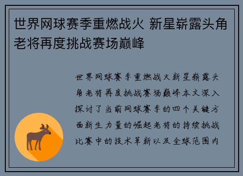 世界网球赛季重燃战火 新星崭露头角老将再度挑战赛场巅峰