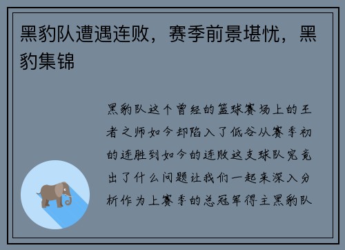 黑豹队遭遇连败，赛季前景堪忧，黑豹集锦